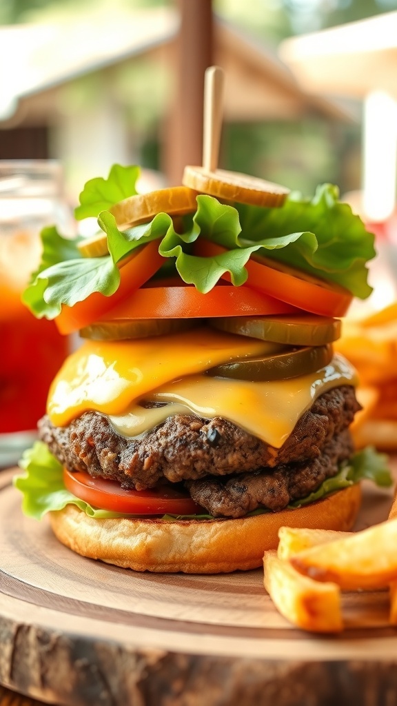 Classic Hamburger Recipe A classic hamburger with lettuce, tomato, cheese, and pickles on a bun, served with fries.